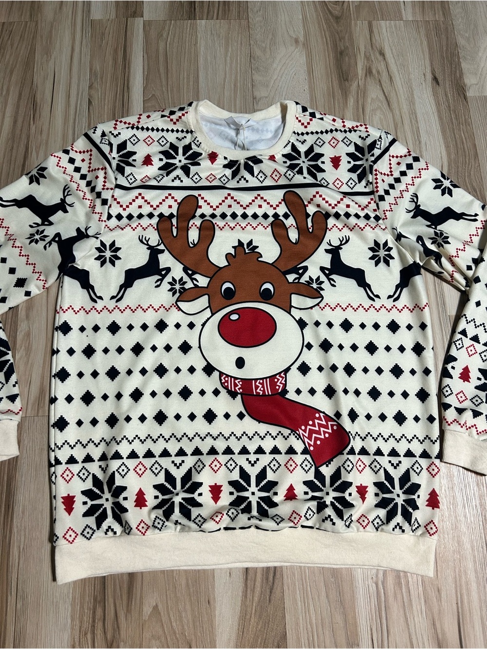 PatPat Cream Reindeer Holiday Sweatshirt with Red and Black Accents